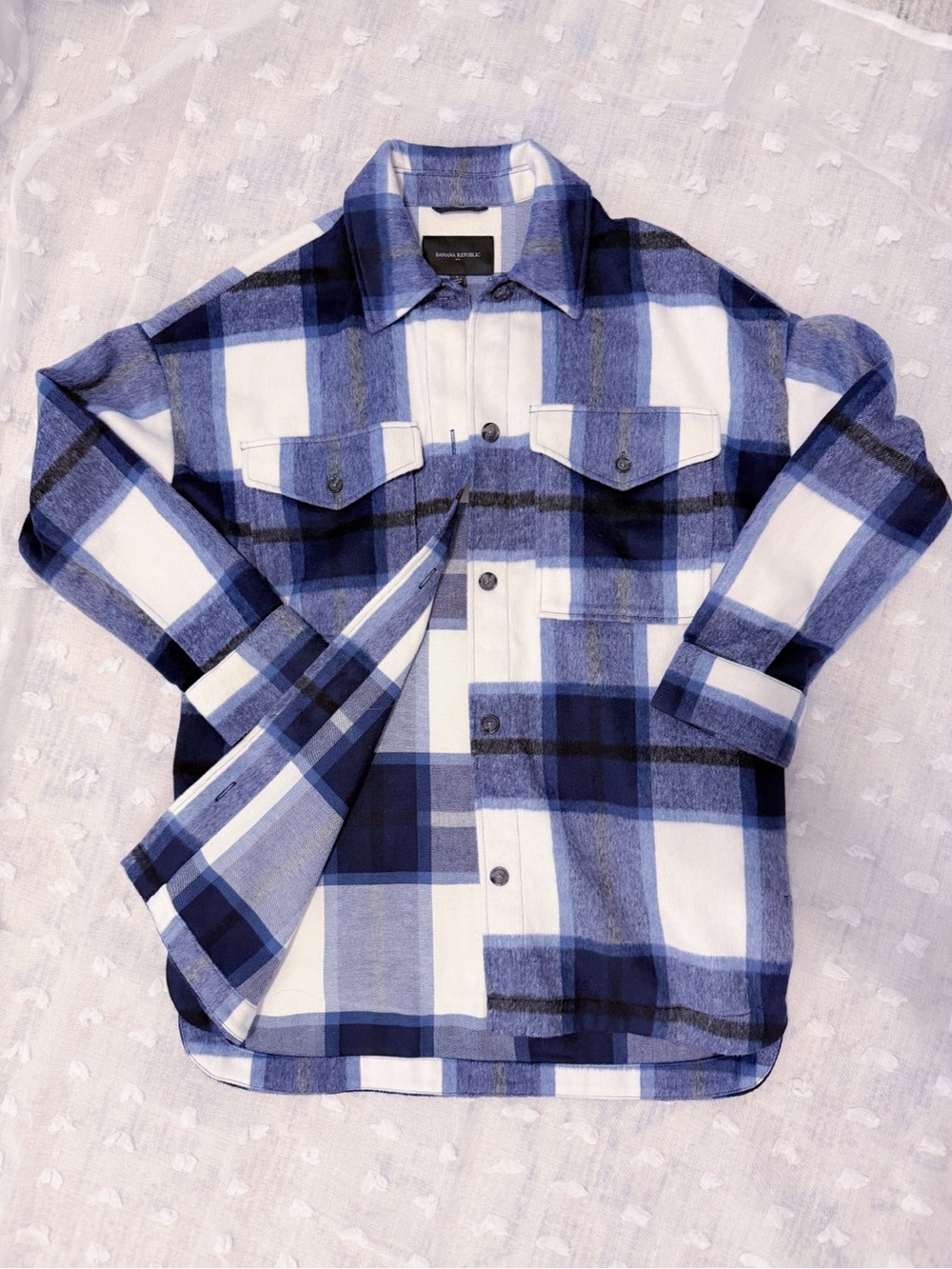 New! Soft Banana Republic Blue White Plaid Shirt Jacket Oversized Size S